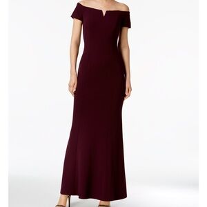 Calvin Klein notched off the shoulder gown in burgundy